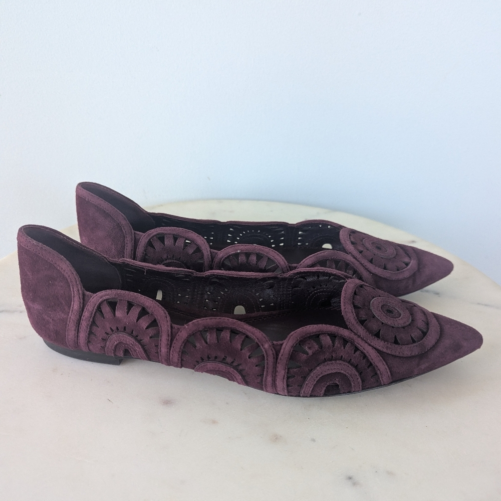 Tory Burch Leyla Burgundy Suede Laser Cut Pointed Toe Ballet Flats - Picture 3 of 11